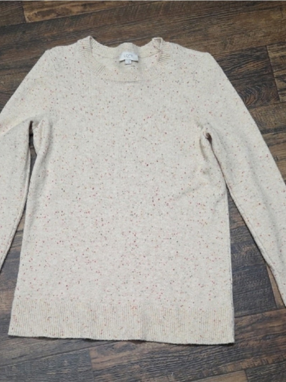 LOFT Cream Speckled Crewneck Sweater with Multicolor Flecks